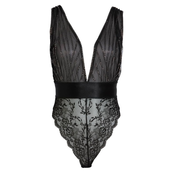 ANN SUMMERS Thea Embellished Deep Plunge Floral Embroidered Lace Thong Bodysuit